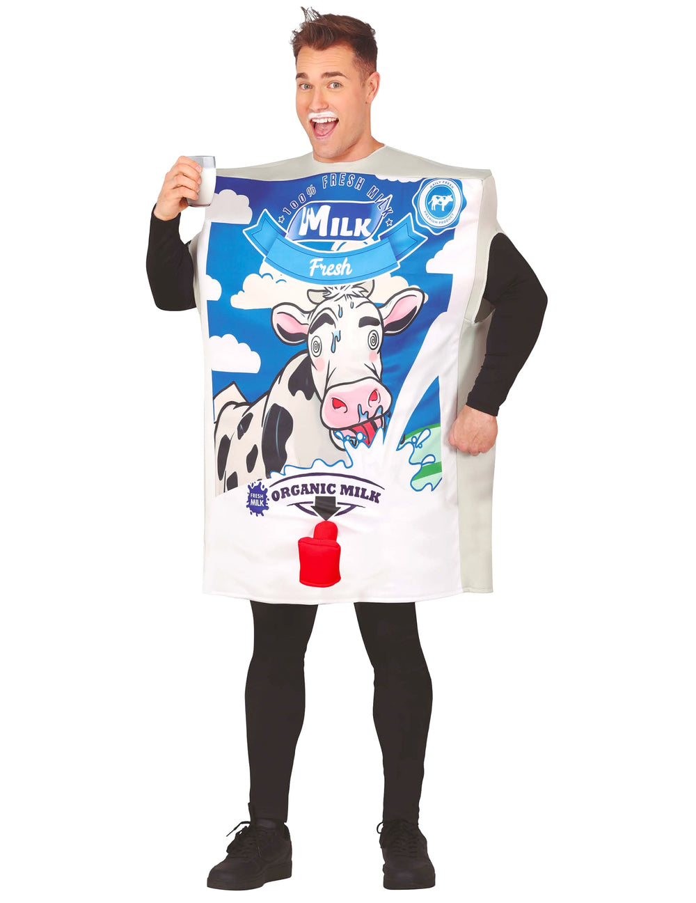 Déguisement brique de lait humoristique pour adulte blanc et bleu avec illustration de vache