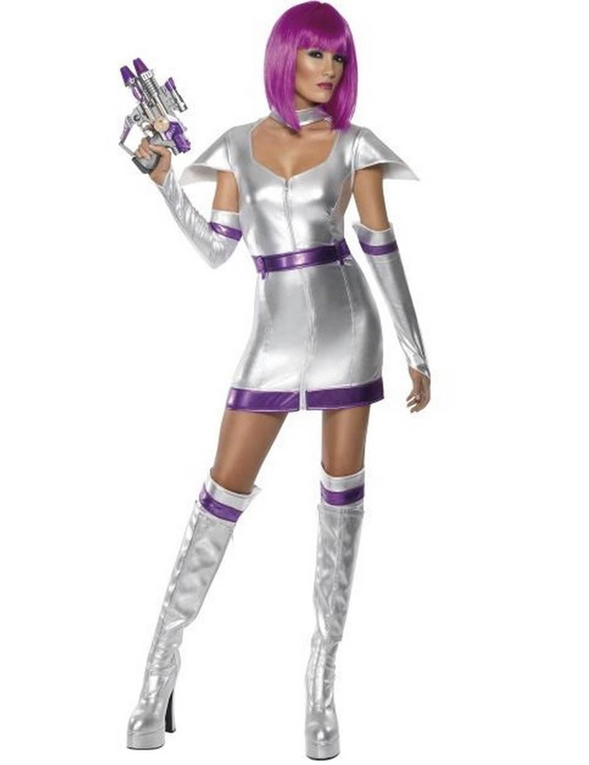 Disfraz de cadete espacial para mujer plateado y violeta