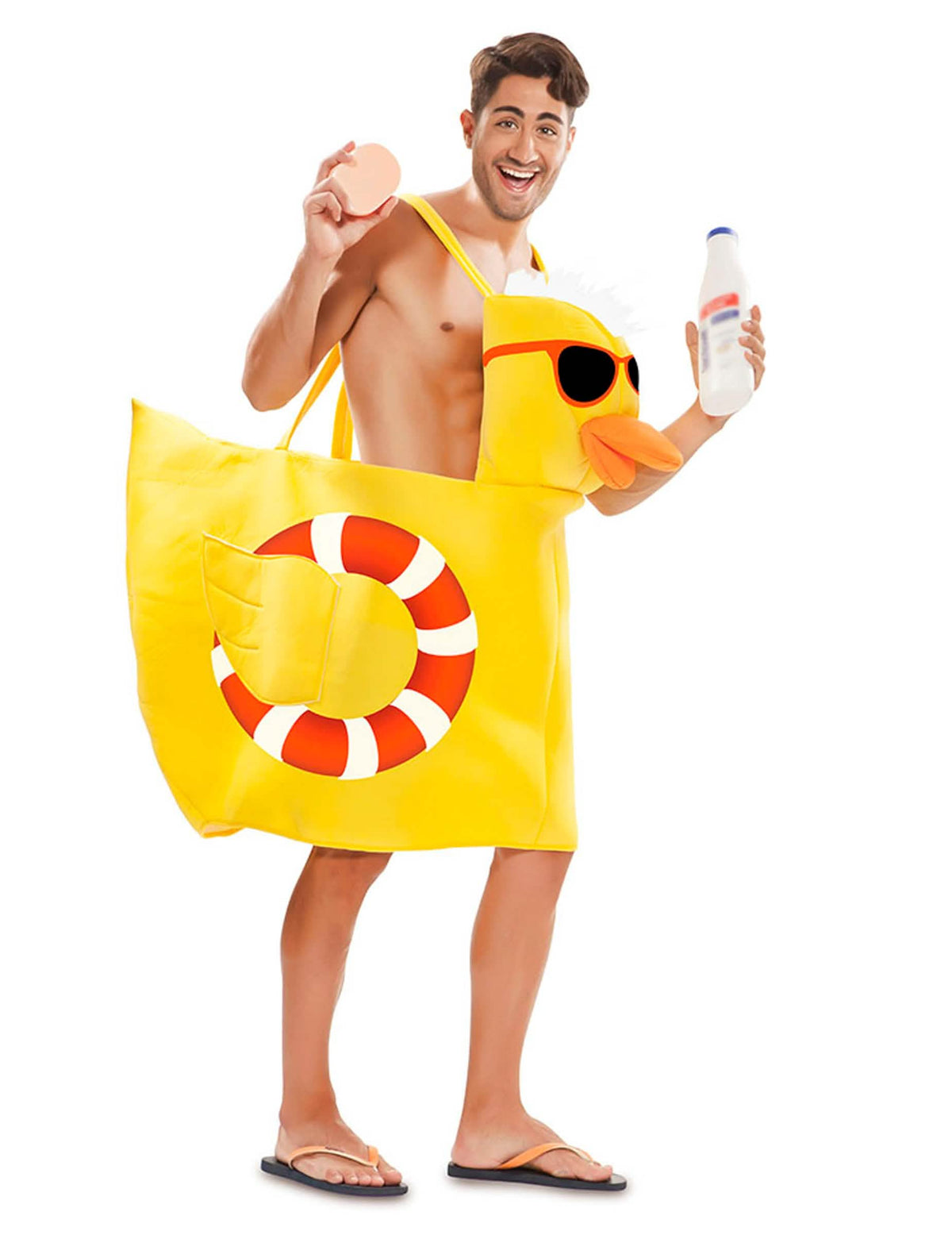 Déguisement canard de bain pour adulte jaune avec lunettes de soleil et bouée intégrée