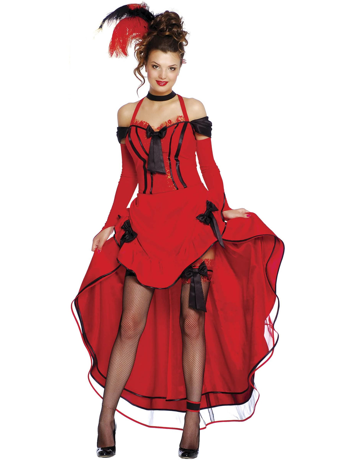 Disfraz de cancan para mujer rojo con lazos negros