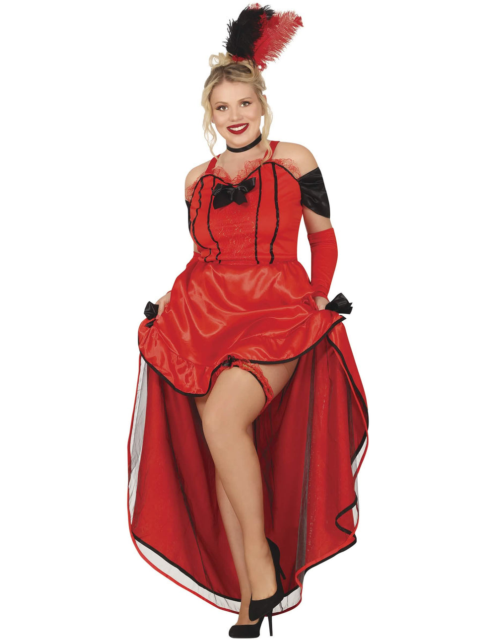 Vista frontal con falda levantada del disfraz de cancan para mujer