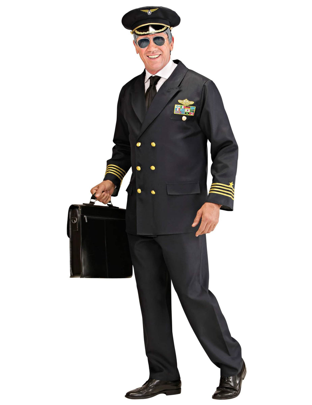 Déguisement de capitaine d'avion pour homme bleu marine avec galons dorés