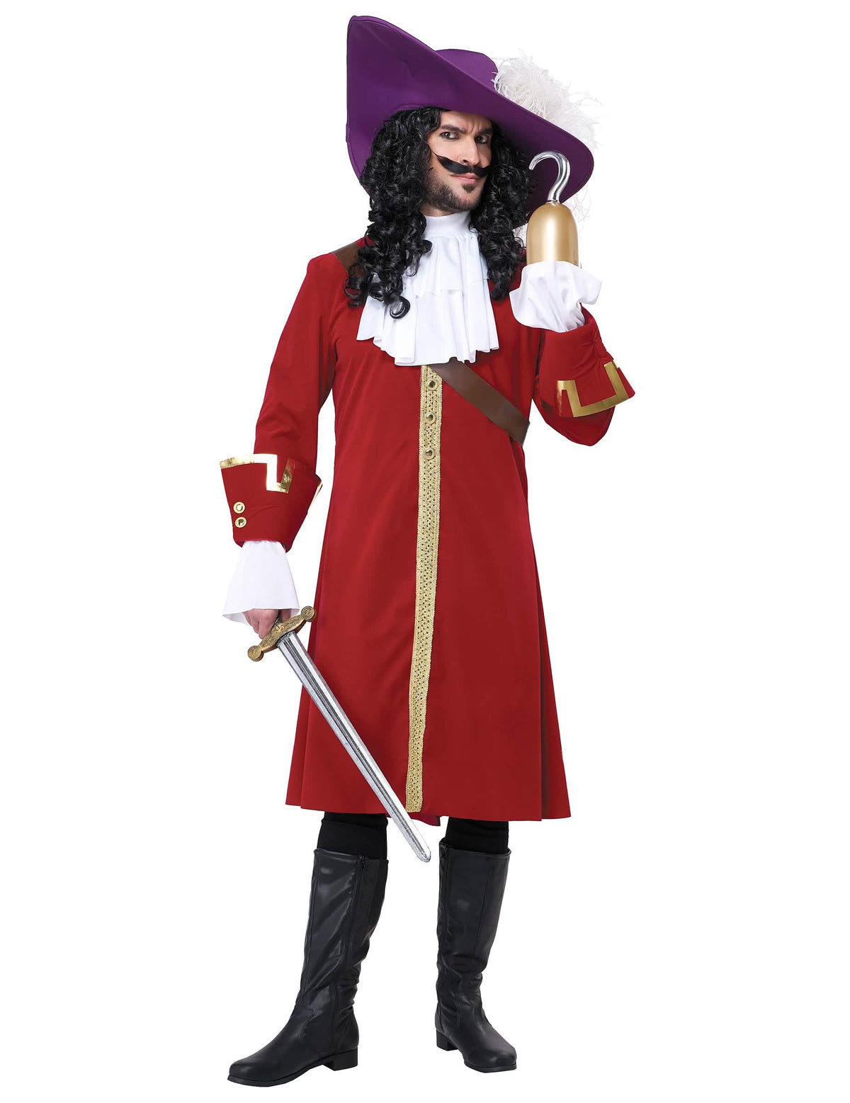 Disfraz de capitán pirata con gancho de lujo para hombre rojo y violeta