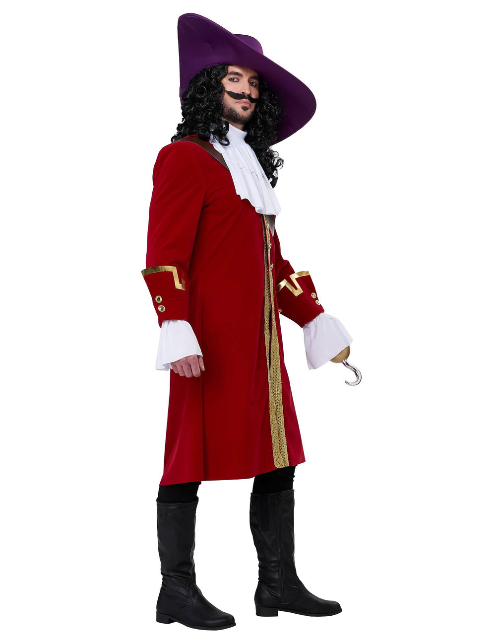 Vista de perfil del disfraz de capitán pirata con gancho de lujo para hombre