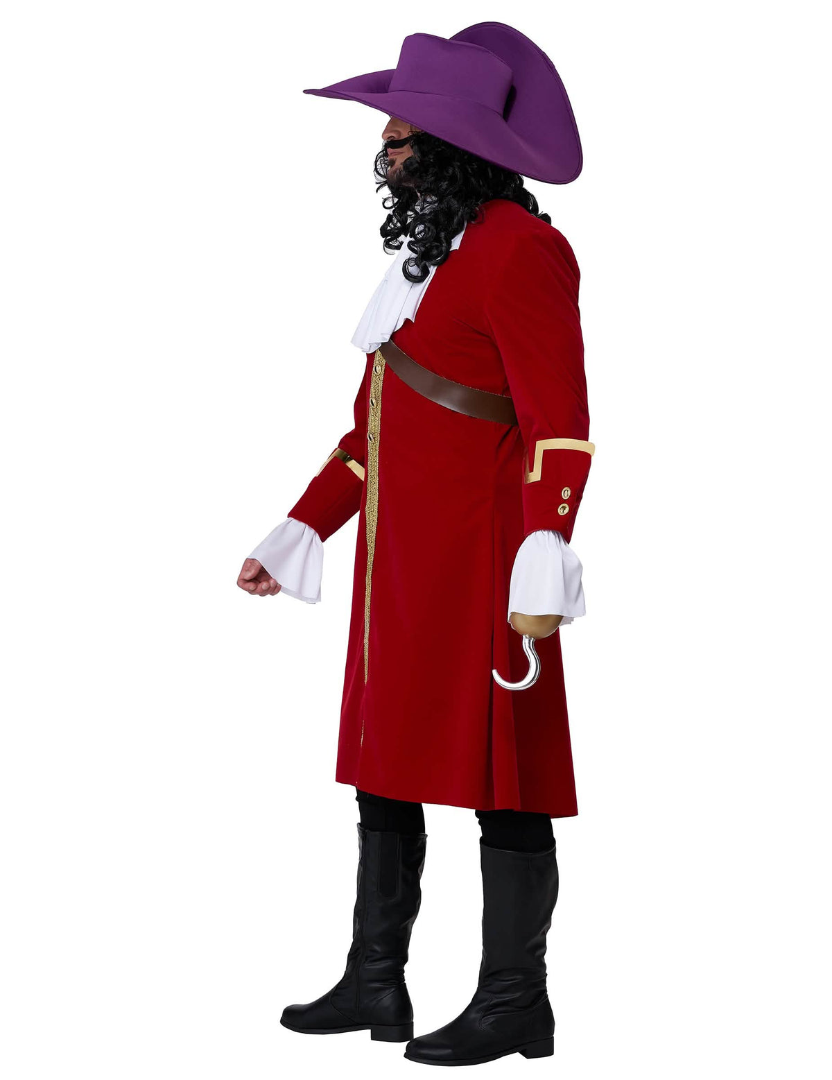 Vista de perfil del disfraz de capitán pirata con gancho de lujo para hombre