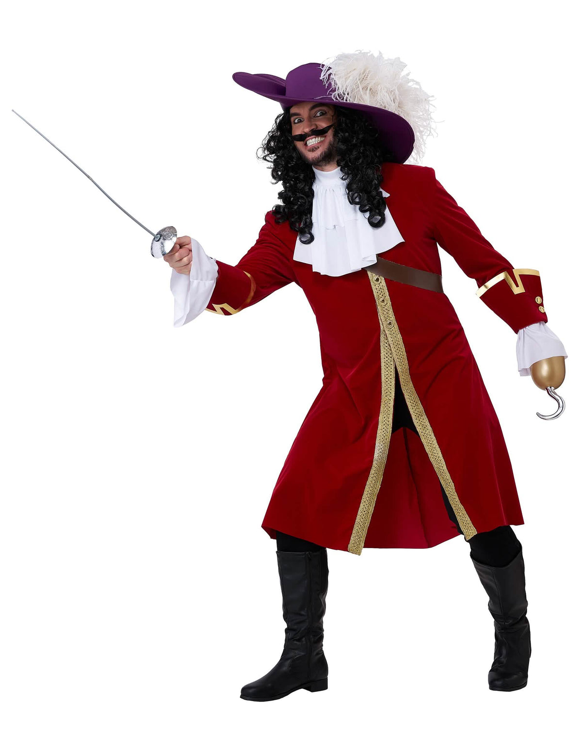 Pose de acción con espada del disfraz de capitán pirata con gancho de de lujo