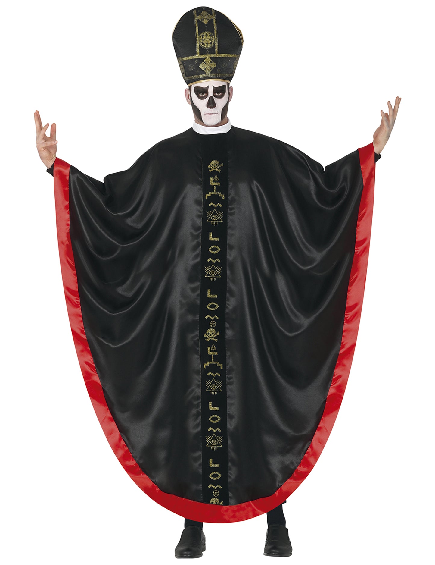 Déguisement cardinal satanique pour adulte noir et rouge avec motifs dorés