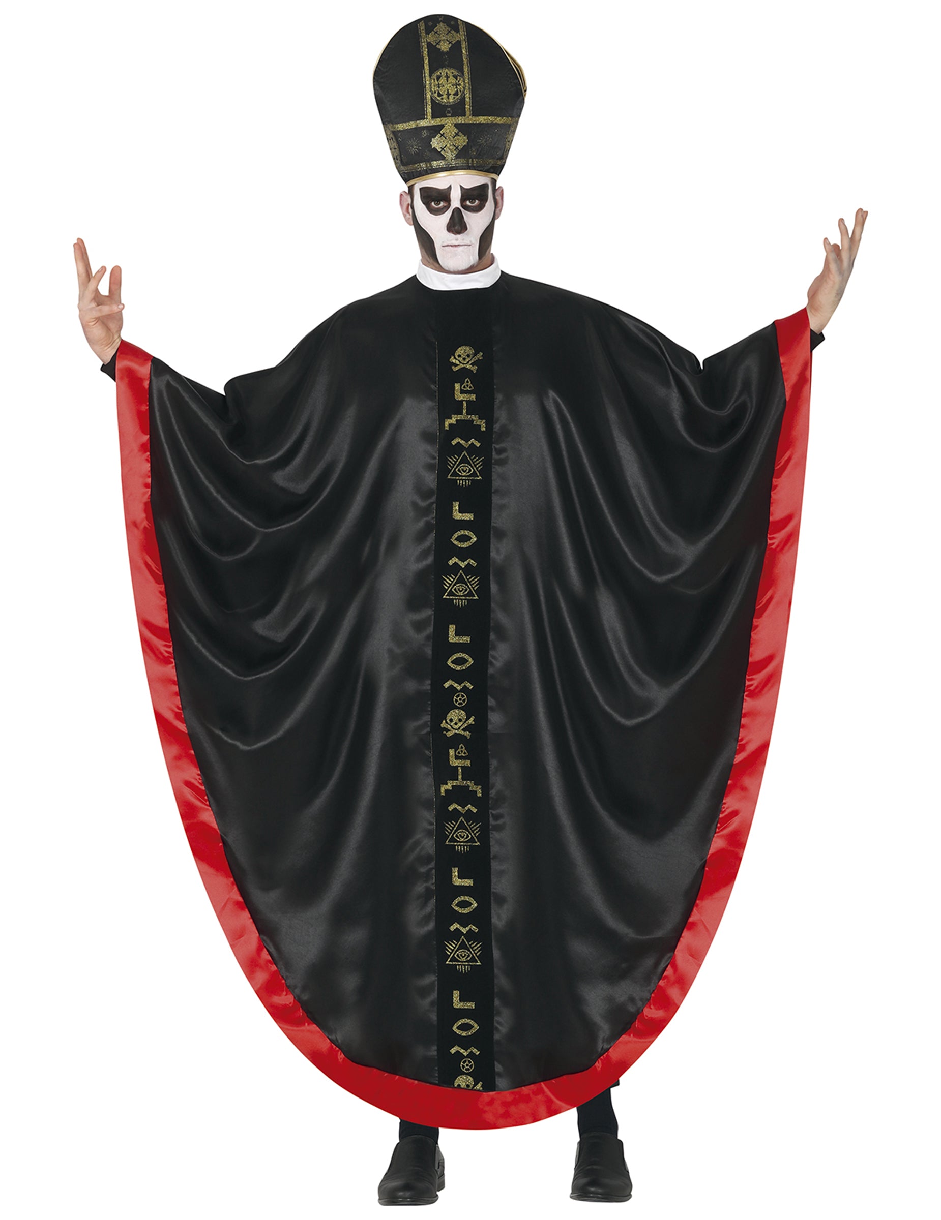 Déguisement cardinal satanique pour adulte noir et rouge avec motifs dorés