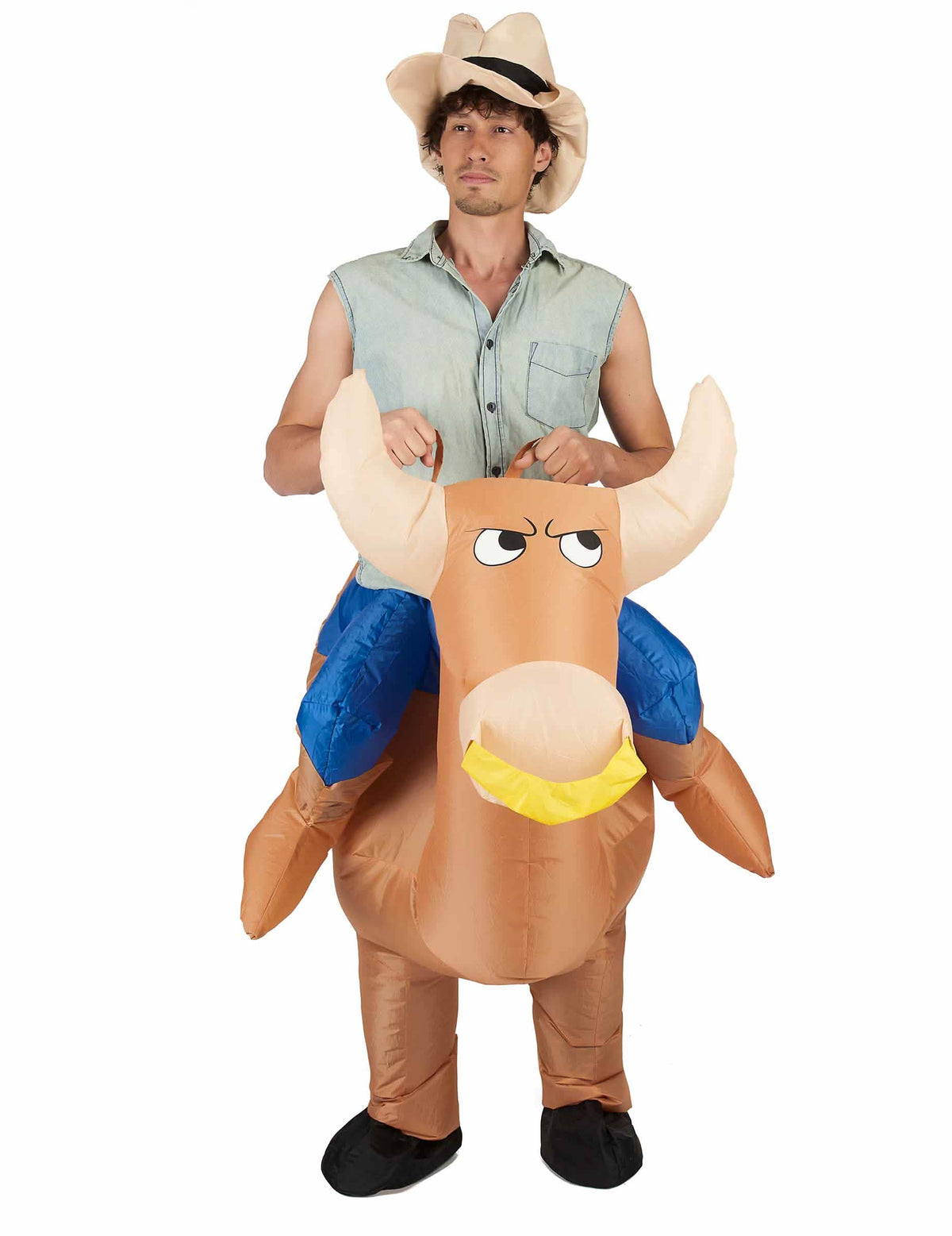 Vista frontal del disfraz carry me inflable de campeón de rodeo