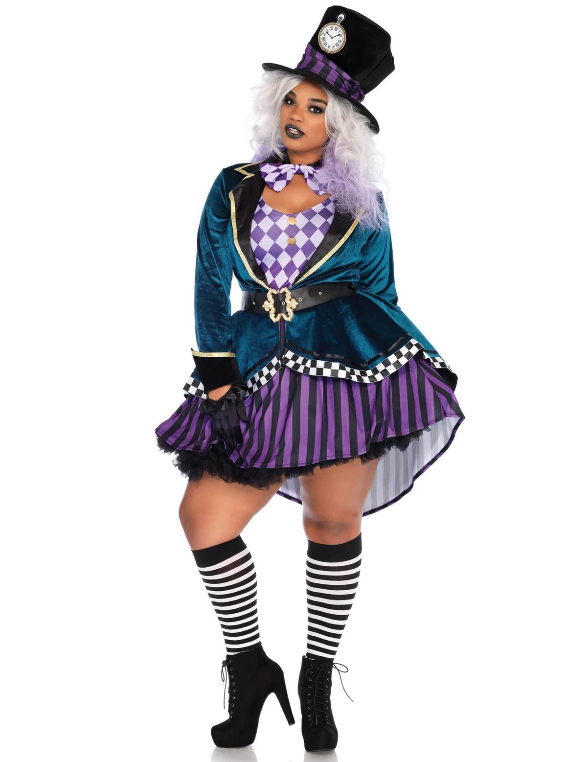 Disfraz de sombrerero loco para mujer violeta y azul verdoso a rayas y damero