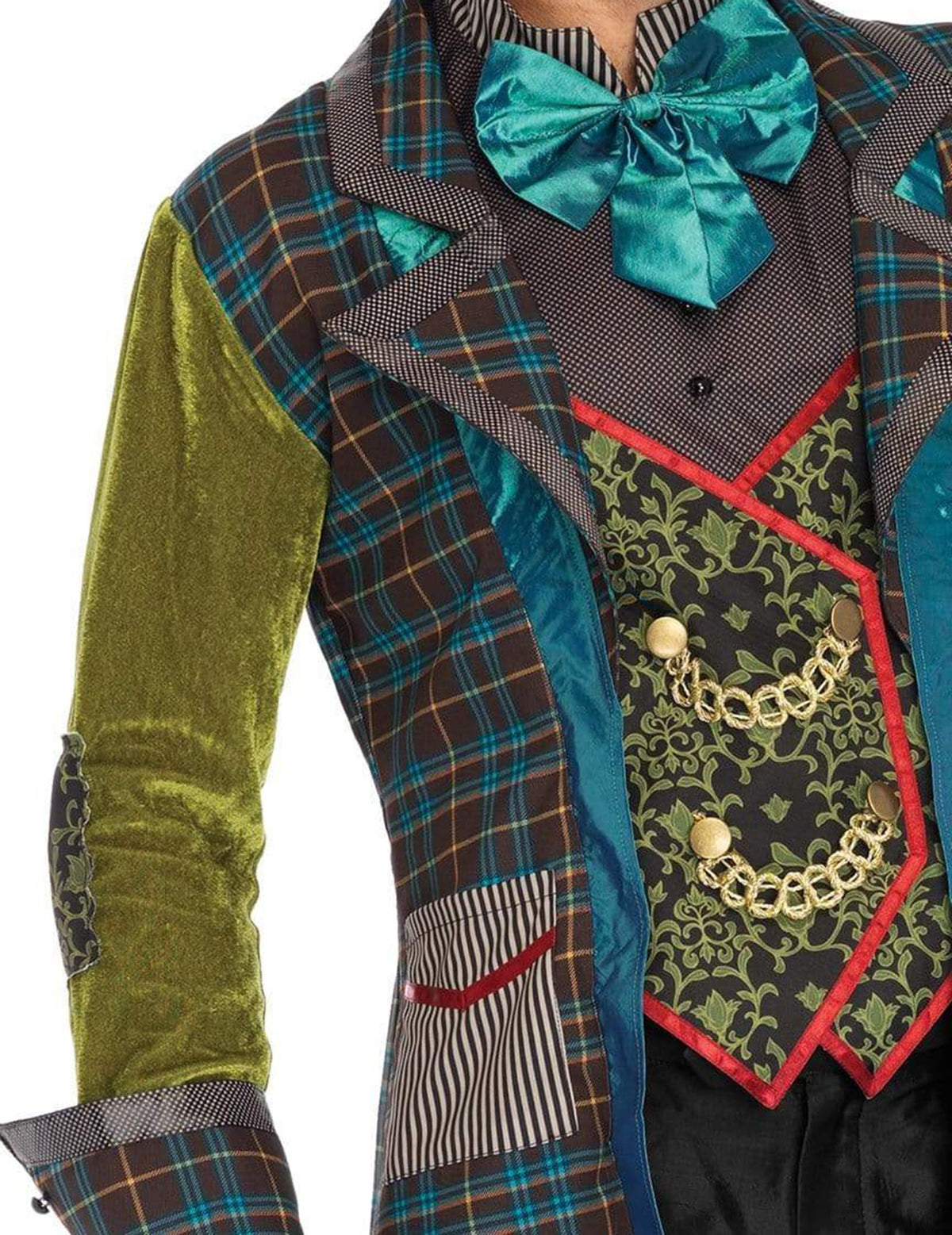Détail du gilet à chaînettes et du nœud papillon du déguisement chapelier fou luxe