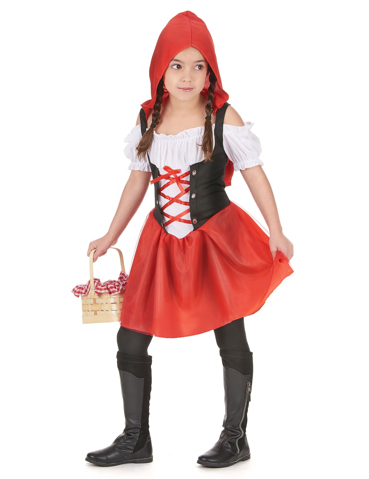 Vue de face avec panier du déguisement chaperon rouge classique