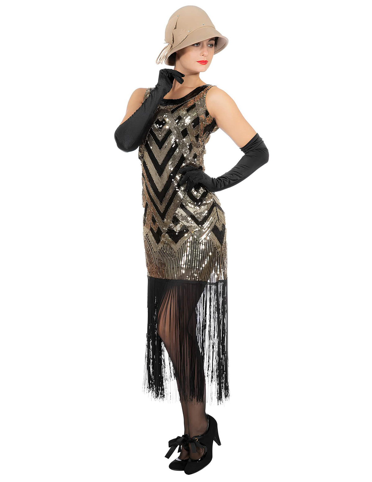 Vue de trois-quarts du déguisement Charleston pour femme noir et doré à sequins luxe