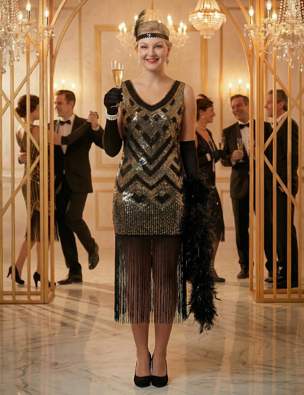 Déguisement Charleston pour femme noir et doré à sequins luxe