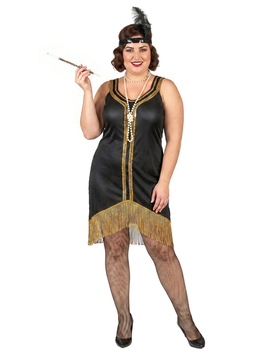 Disfraz Charlestón negro y dorado con flecos Mujer