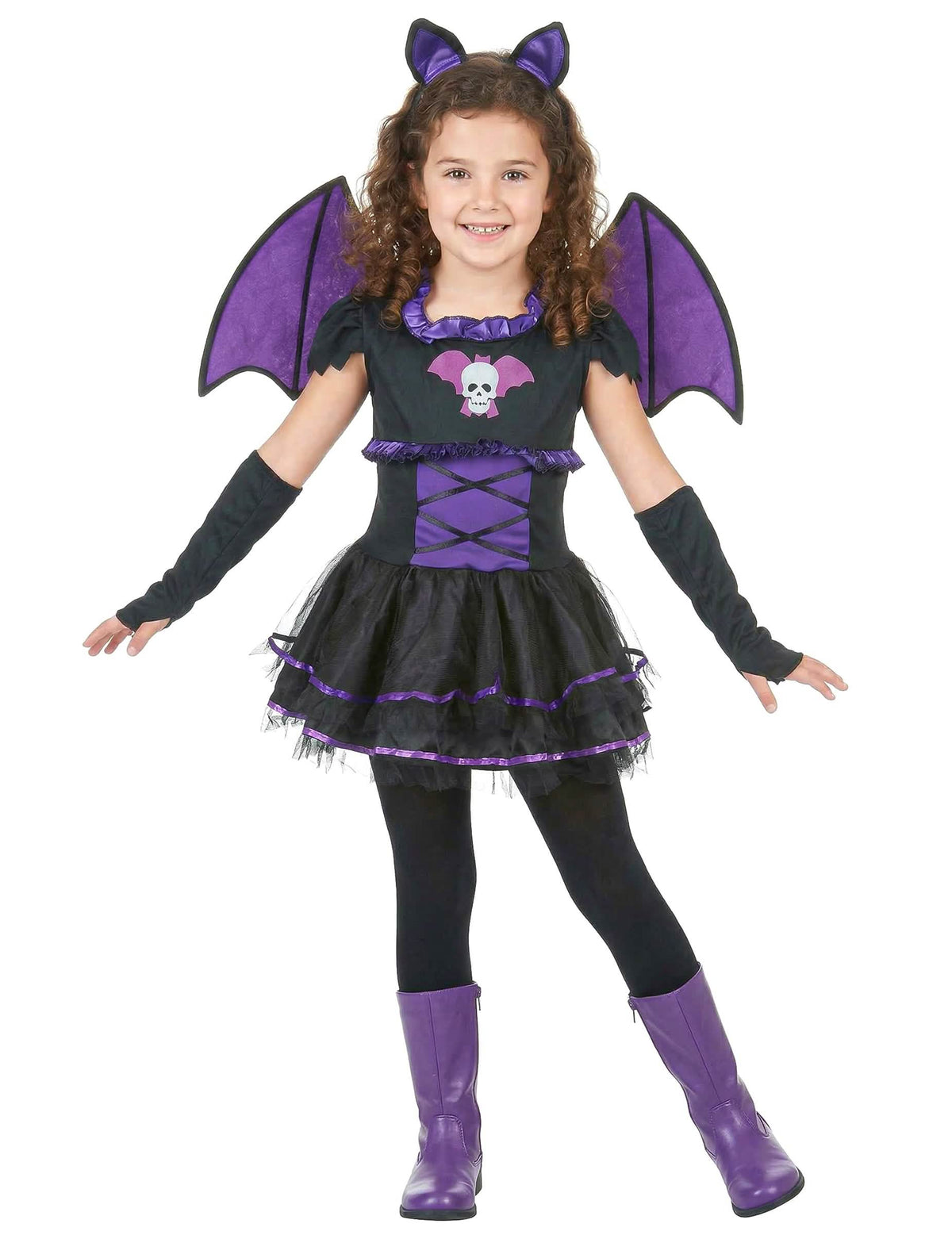 Déguisement de chauve-souris pour fille noir et violet avec ailes et serre-tête