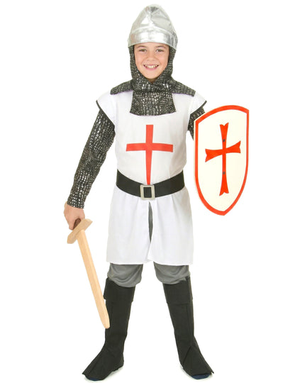 Déguisement de chevalier à la croix pour garçon blanc et rouge avec cagoule argentée