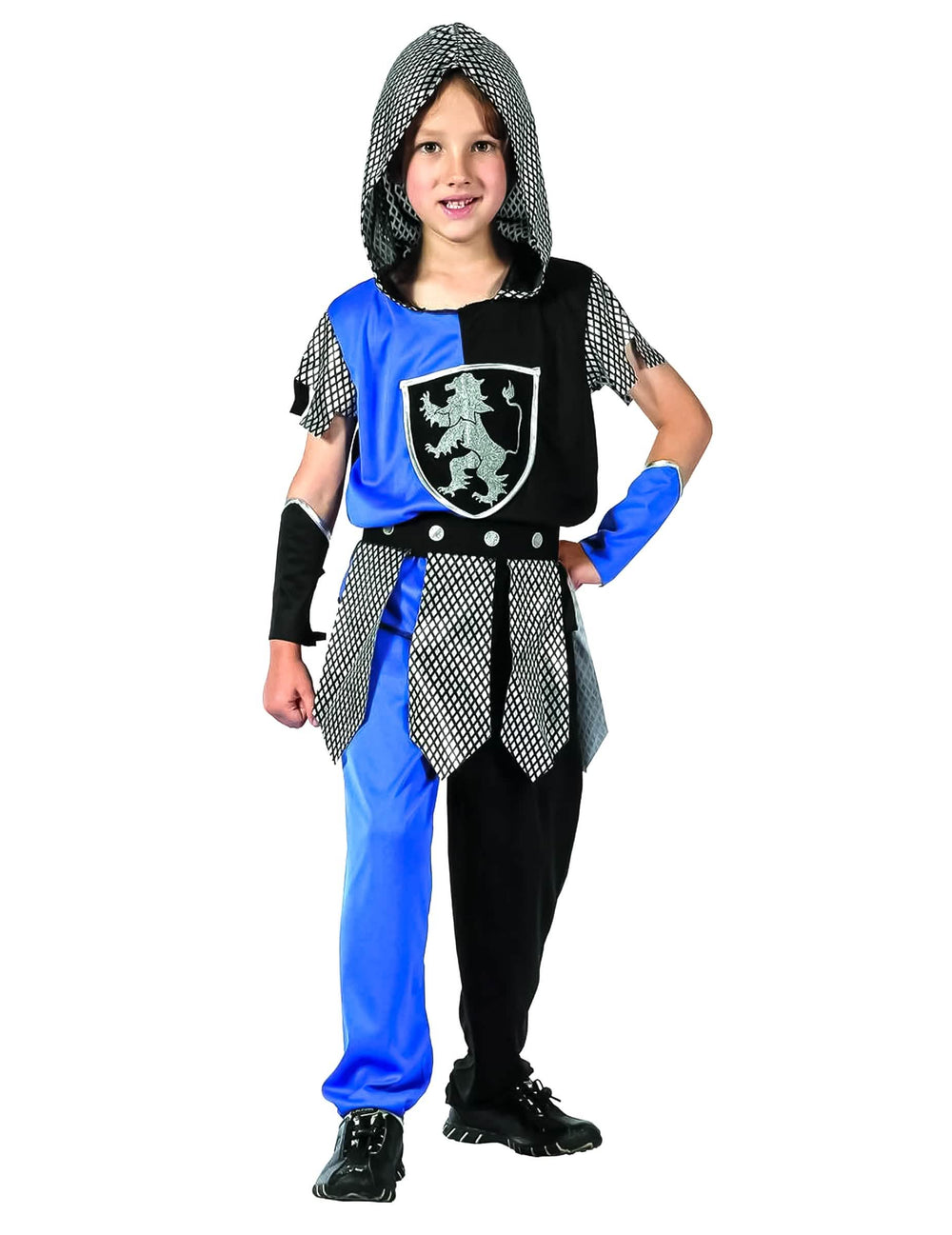 Disfraz de caballero para niño azul y negro con capucha efecto cota de malla