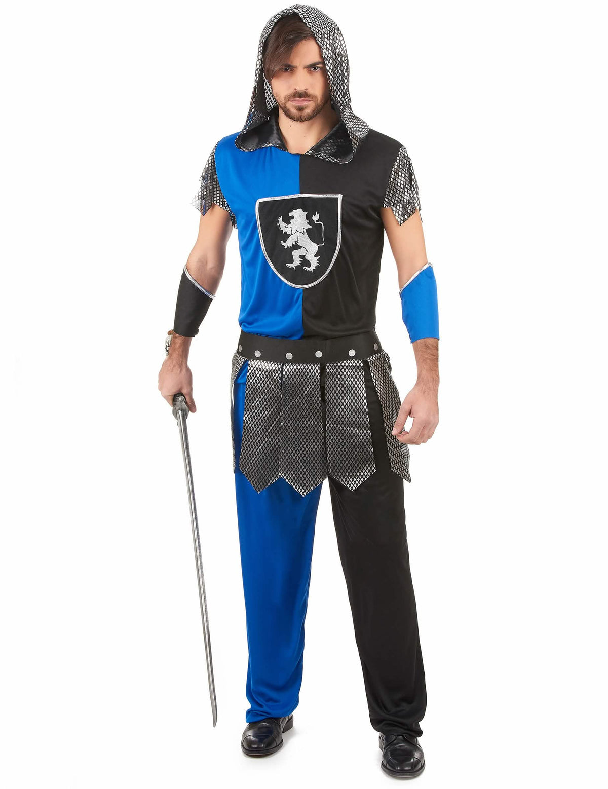 Disfraz de caballero para hombre azul y negro con escudo de león plateado