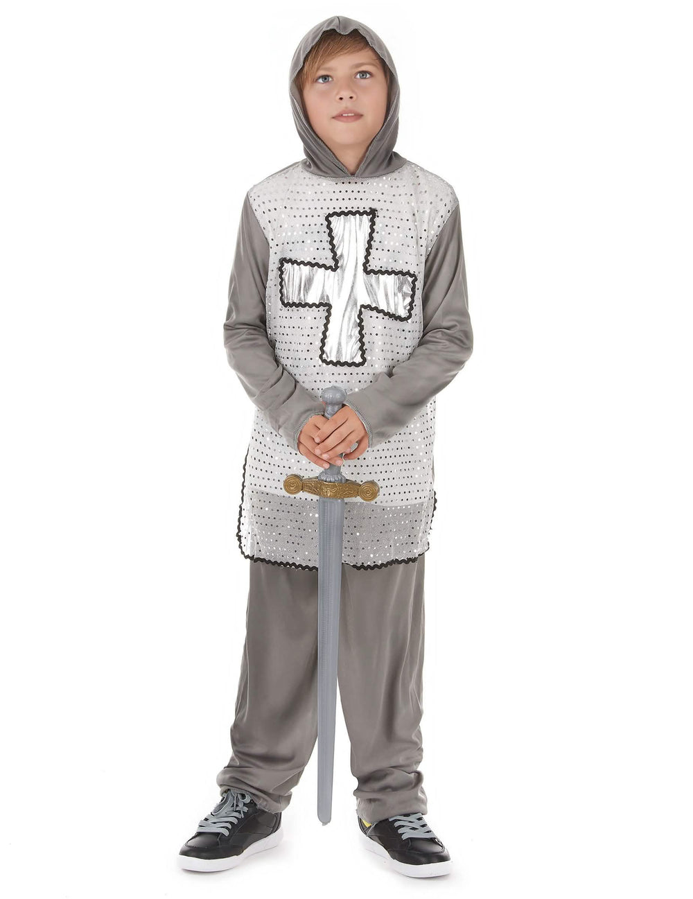 Déguisement de chevalier pour garçon gris avec croix argentée et capuche