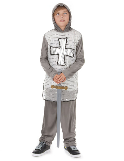 Déguisement de chevalier pour garçon gris avec croix argentée et capuche