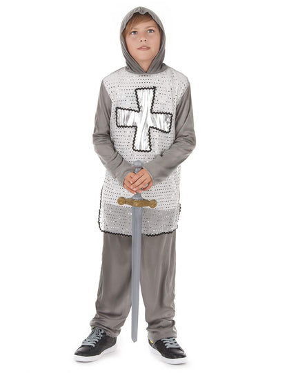 Déguisement de chevalier pour garçon gris avec croix argentée et capuche