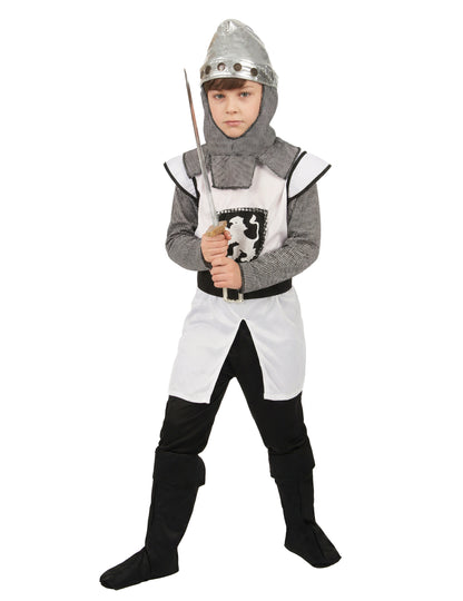 Déguisement de chevalier médiéval croisé pour garçon blanc et noir avec casque argenté
