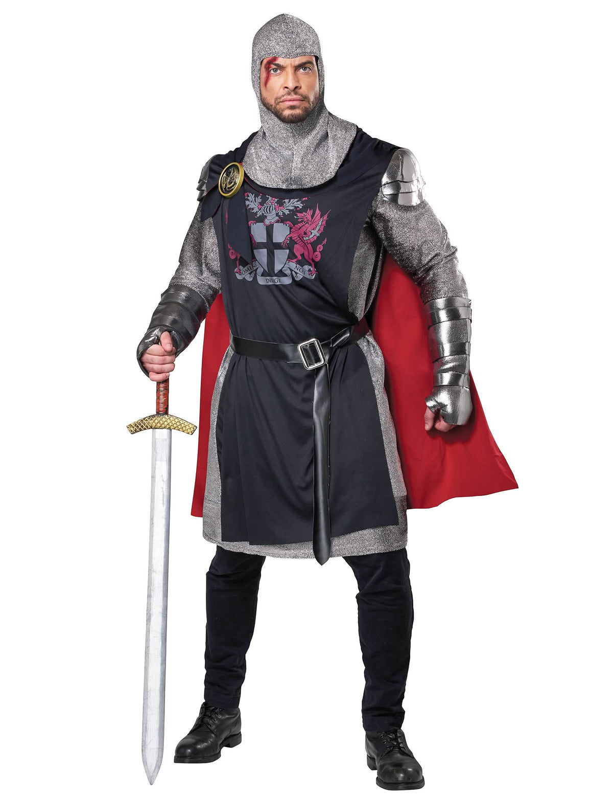 Disfraz de caballero medieval para hombre negro y plateado con capa roja