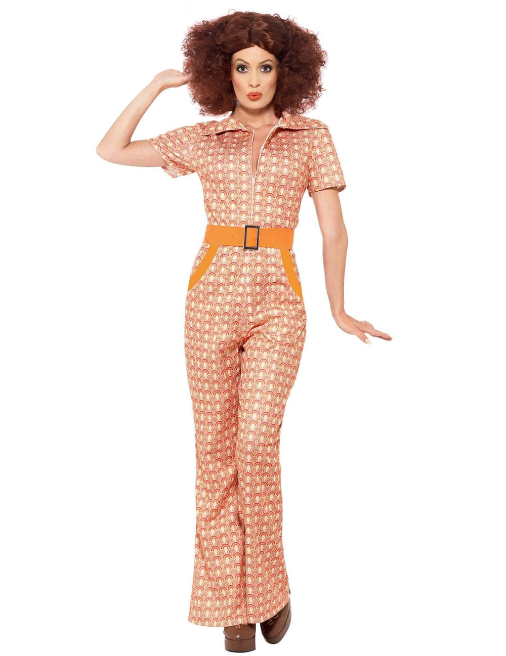 Disfraz chic años 70 para mujer naranja con motivos con cinturón