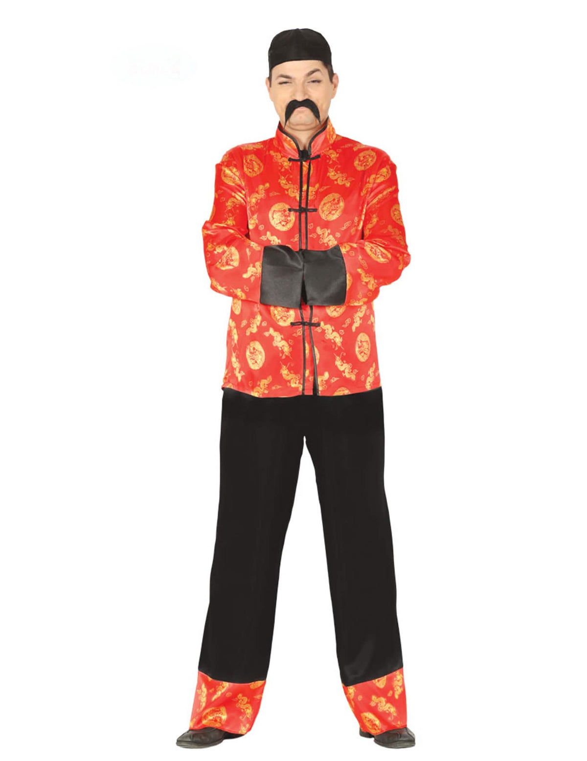 Disfraz chino para hombre rojo y dorado con sombrero negro