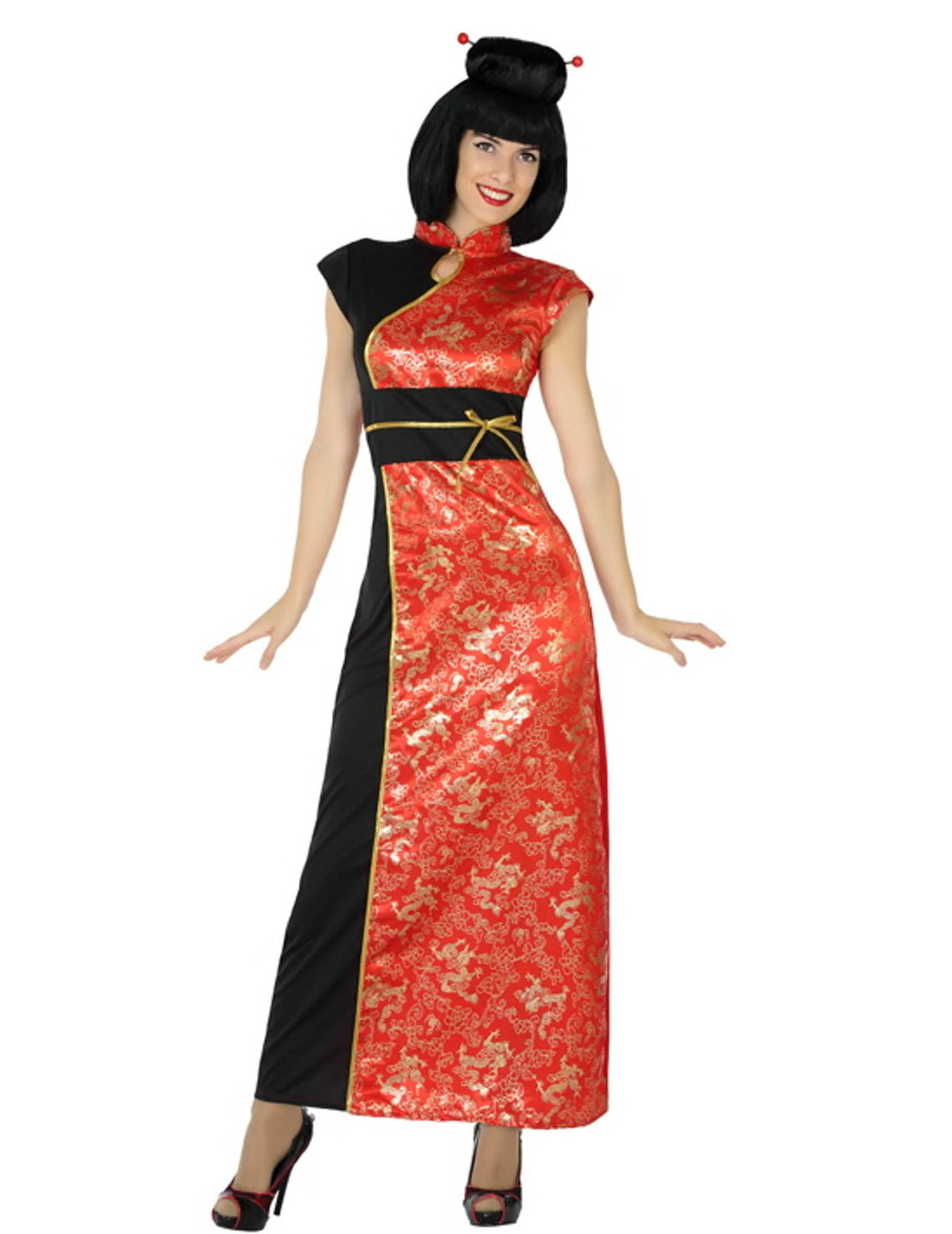 Disfraz china para mujer rojo y negro con motivos dorados