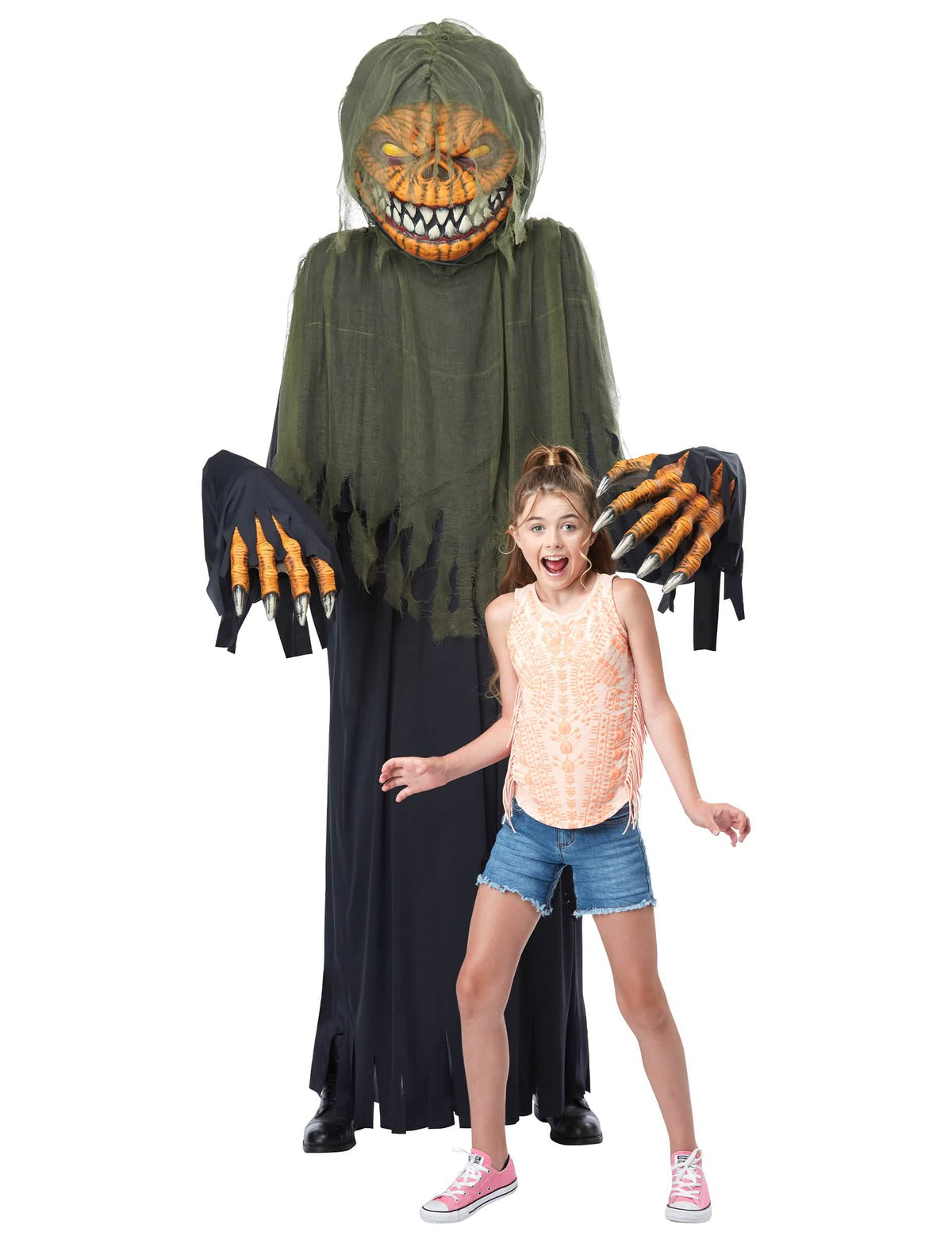 Disfraz de calabazas gigante 2 en 1 para adulto naranja y verde con manos con garras