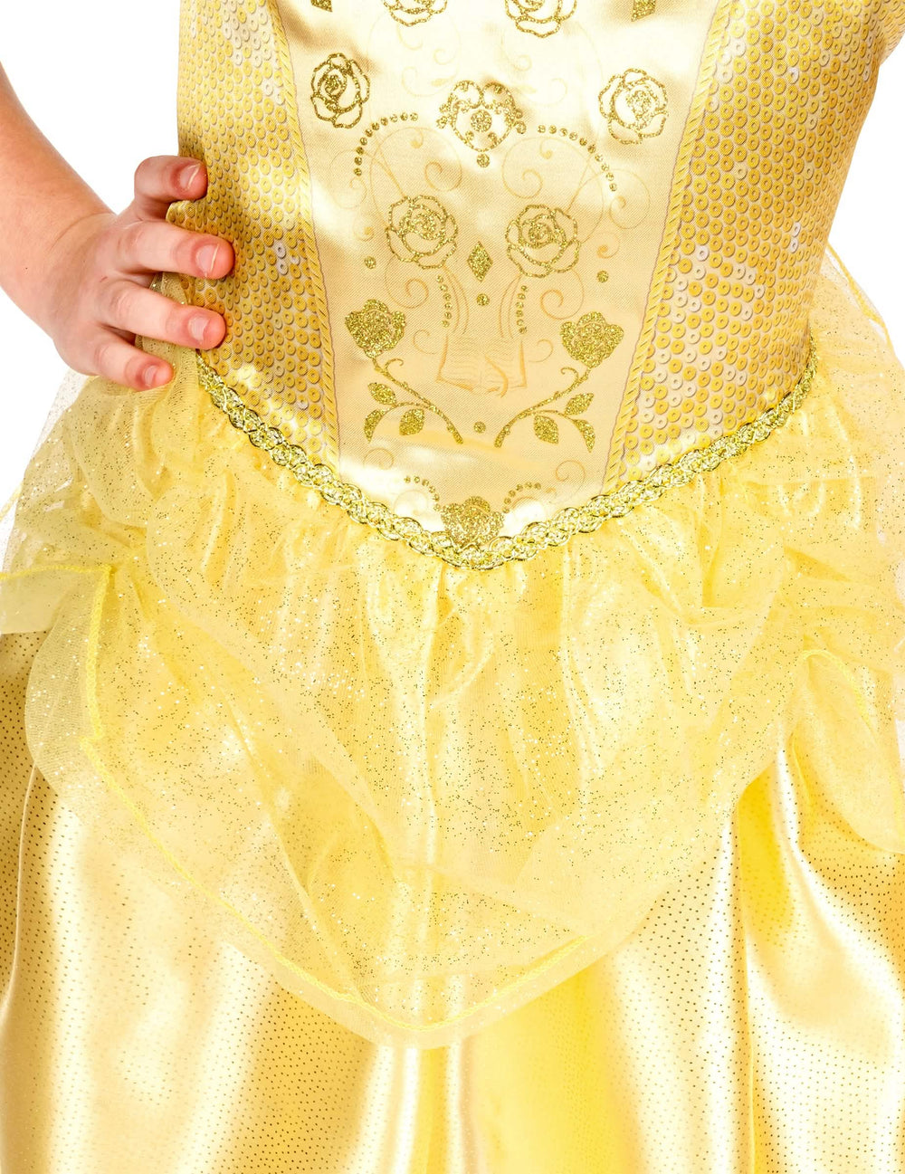 Détail de la taille et des voiles pailletés du déguisement classique Belle pour fille