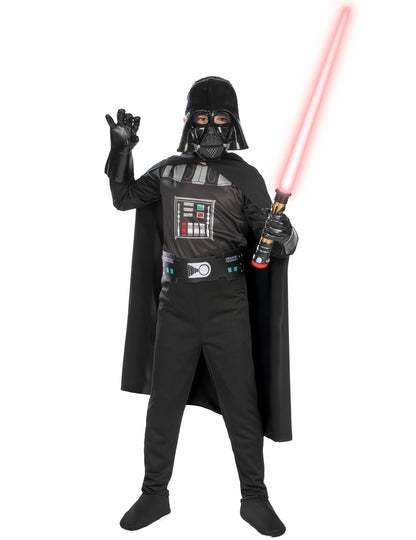 Sabre laser rouge tenu en main du déguisement classique Dark Vador pour garçon