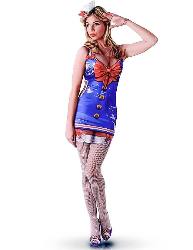 Déguisement de marin sexy pour femme bleu avec nœud rouge et chapeau