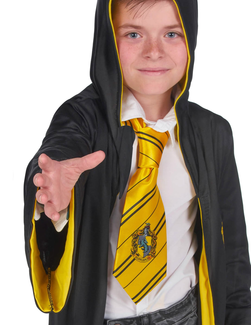 Primer plano de la corbata del disfraz clásico de Hufflepuff Harry Potter para niño