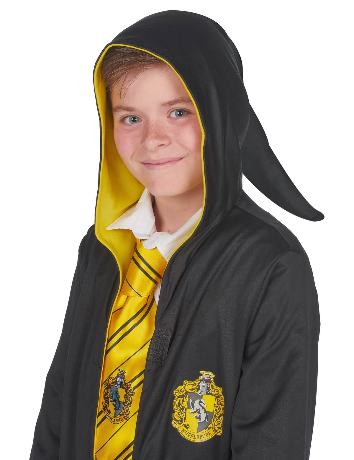 Vista frontal de la capucha puntiaguda del disfraz clásico de Harry Potter™ niño de Hufflepuff