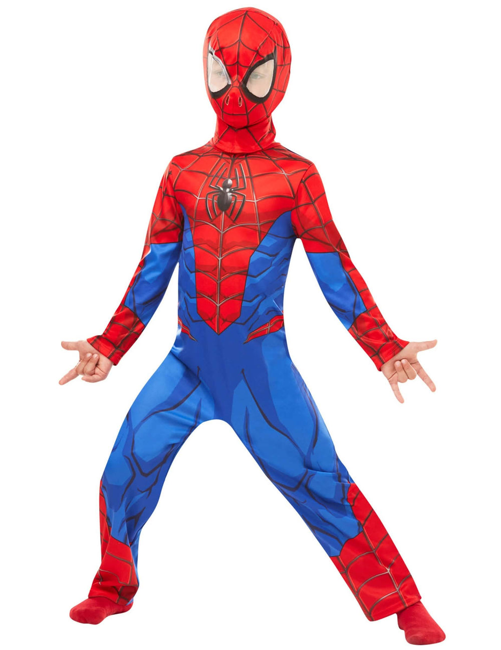 Vista frontal del mono y de la capucha del disfraz clásico de Spiderman para niño