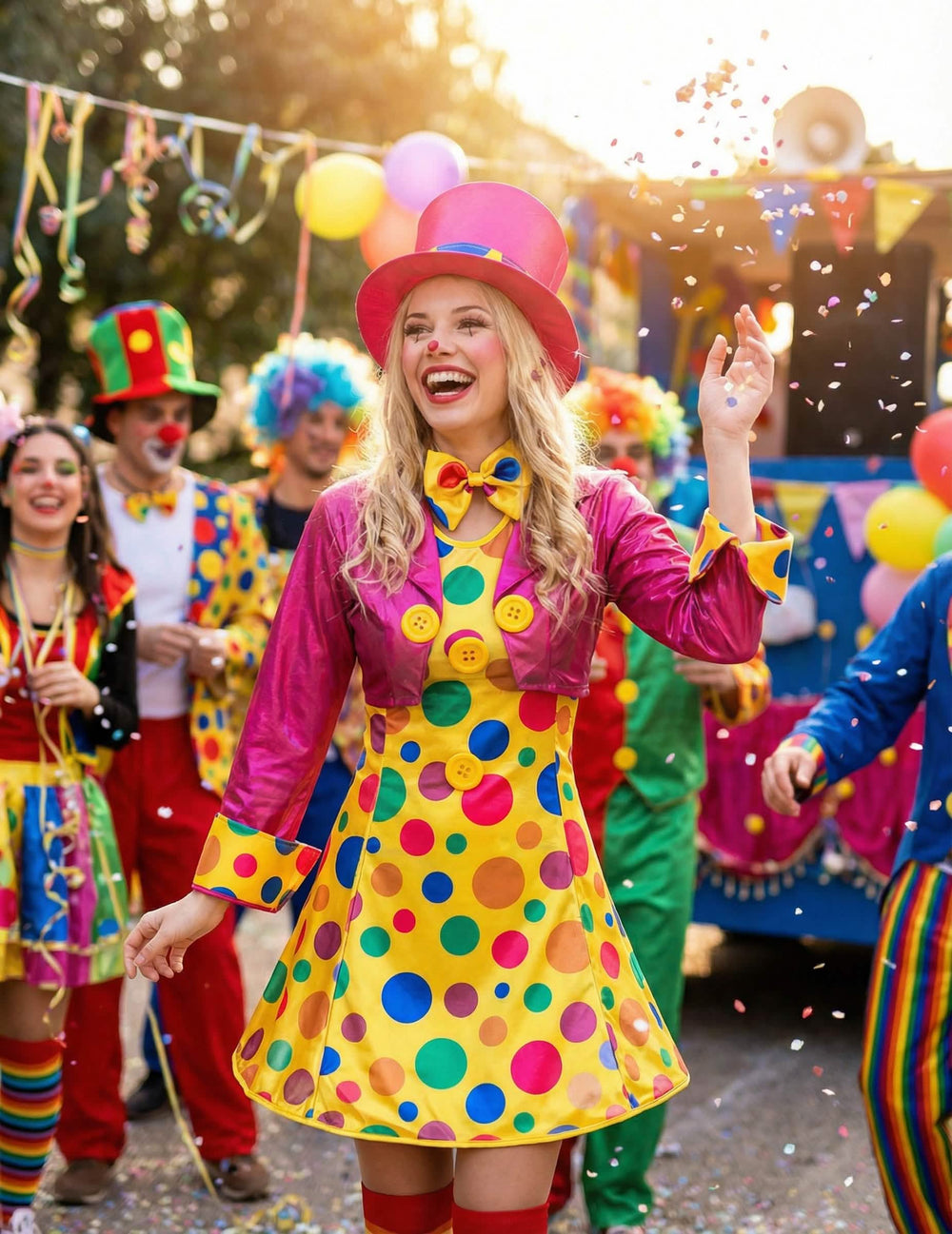 Mise en situation festive du déguisement clown amusant pour femme