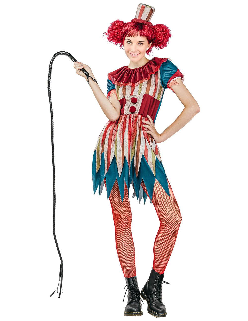 Déguisement clown tueur coloré Halloween pour femme multicolore à rayures avec fouet