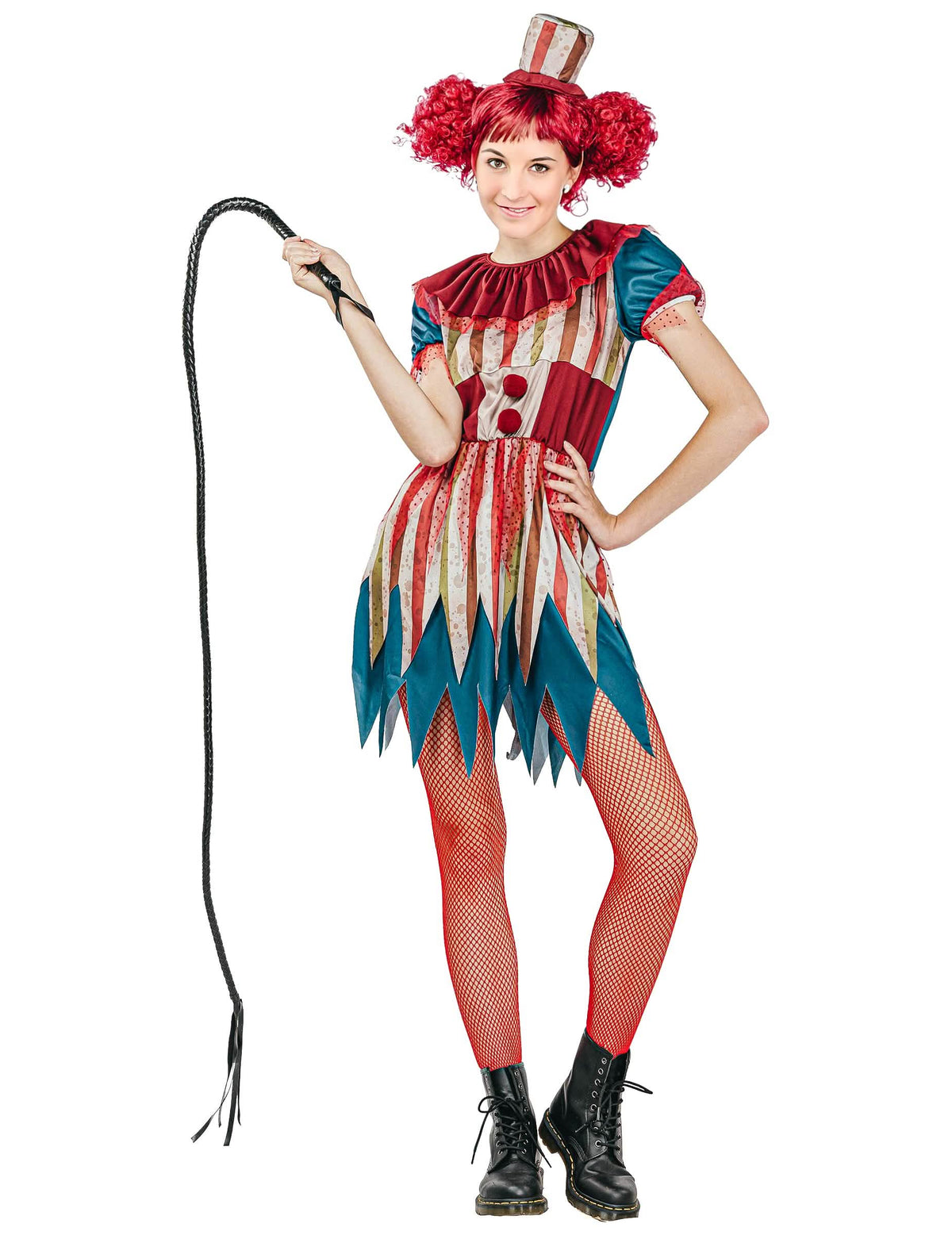 Déguisement clown tueur coloré Halloween pour femme multicolore à rayures avec fouet
