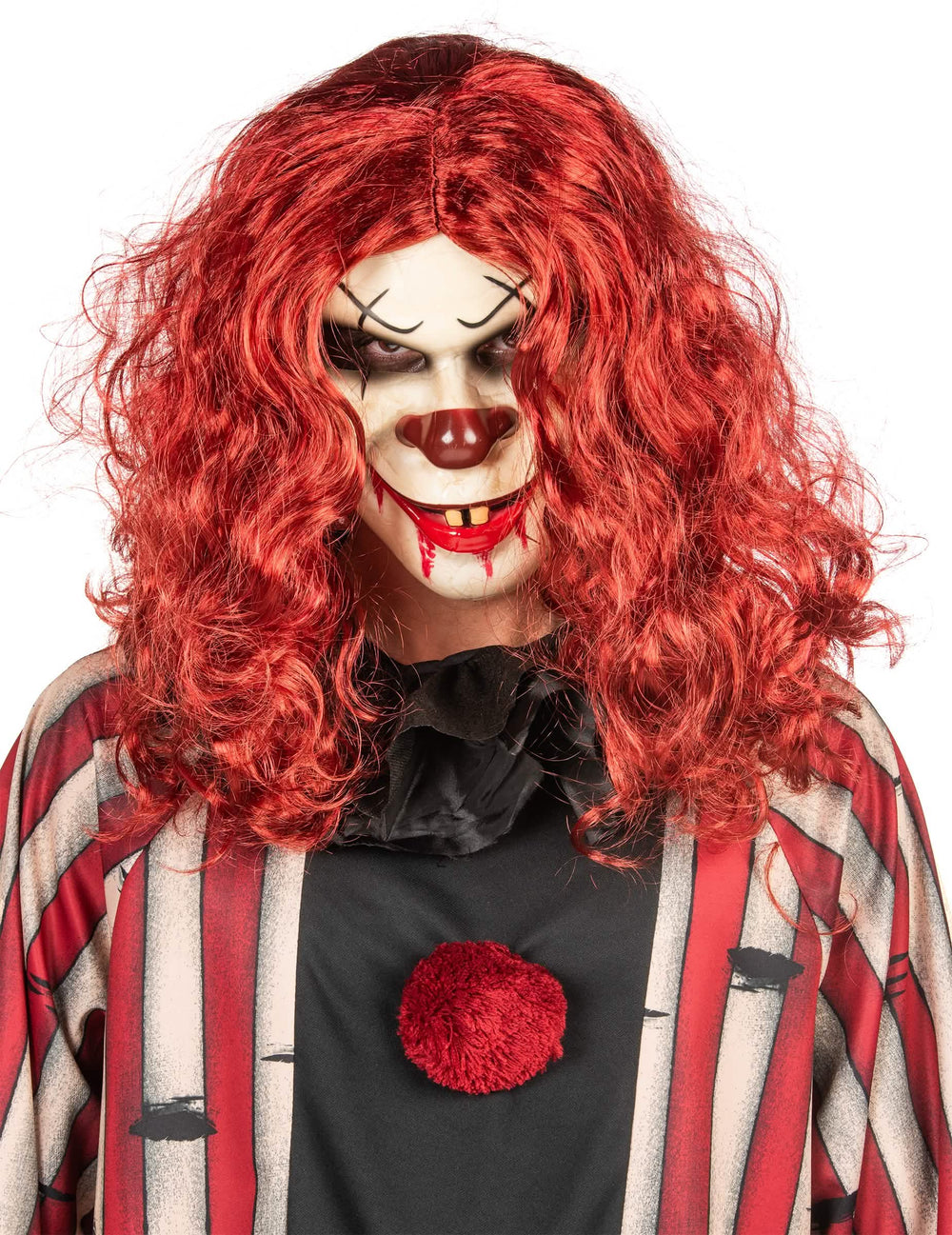 Gros plan sur le masque et la perruque rouge du déguisement de clown démoniaque luxe