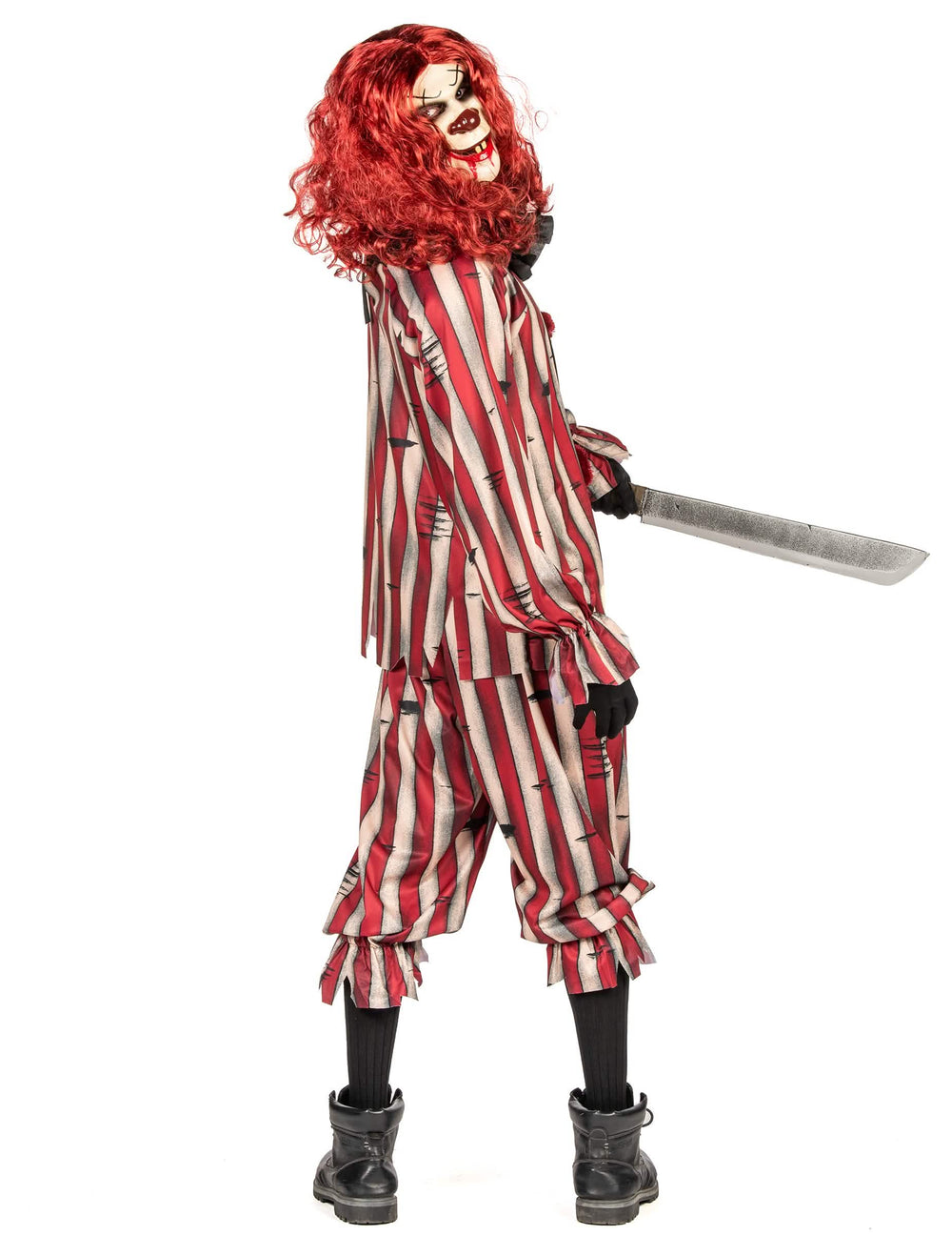 Vue de dos avec tête tournée et machette du déguisement de clown démoniaque luxe