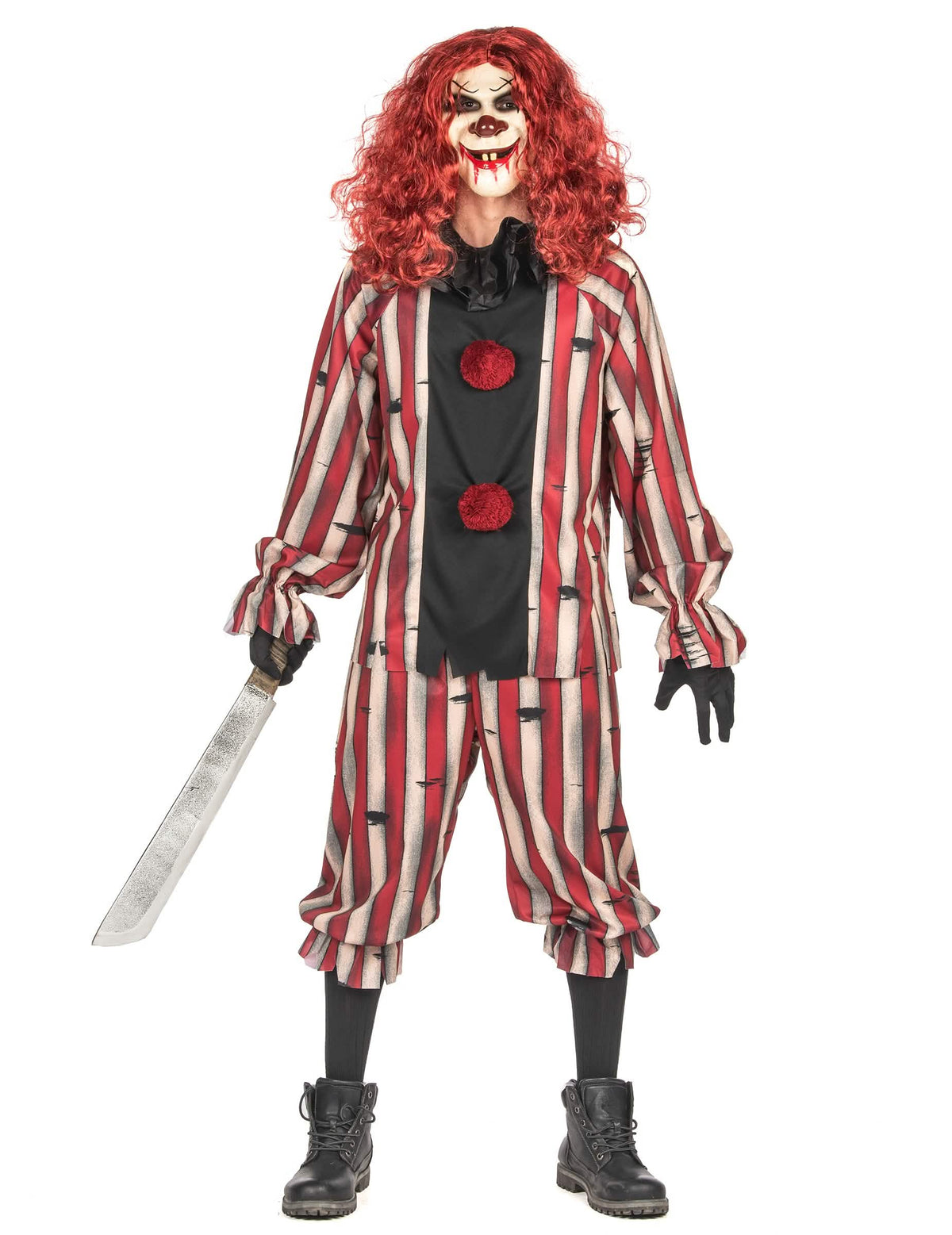 Déguisement de clown démoniaque luxe pour adulte rayé rouge et beige avec masque et machette