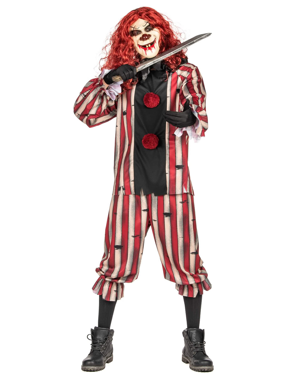 Vue d'ensemble avec machette sur l'épaule du déguisement de clown démoniaque luxe