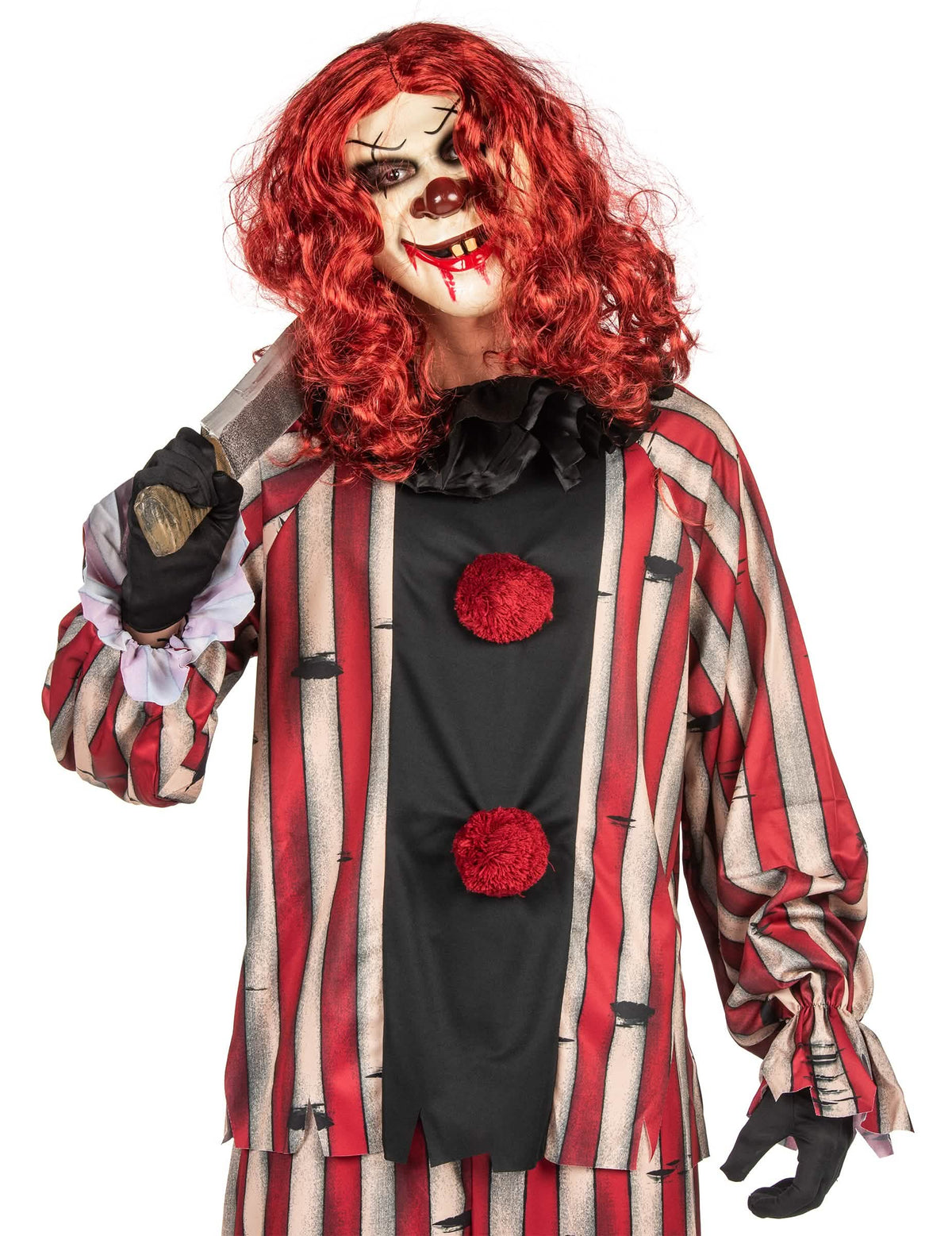 Gros plan sur le buste et le masque du déguisement de clown démoniaque luxe