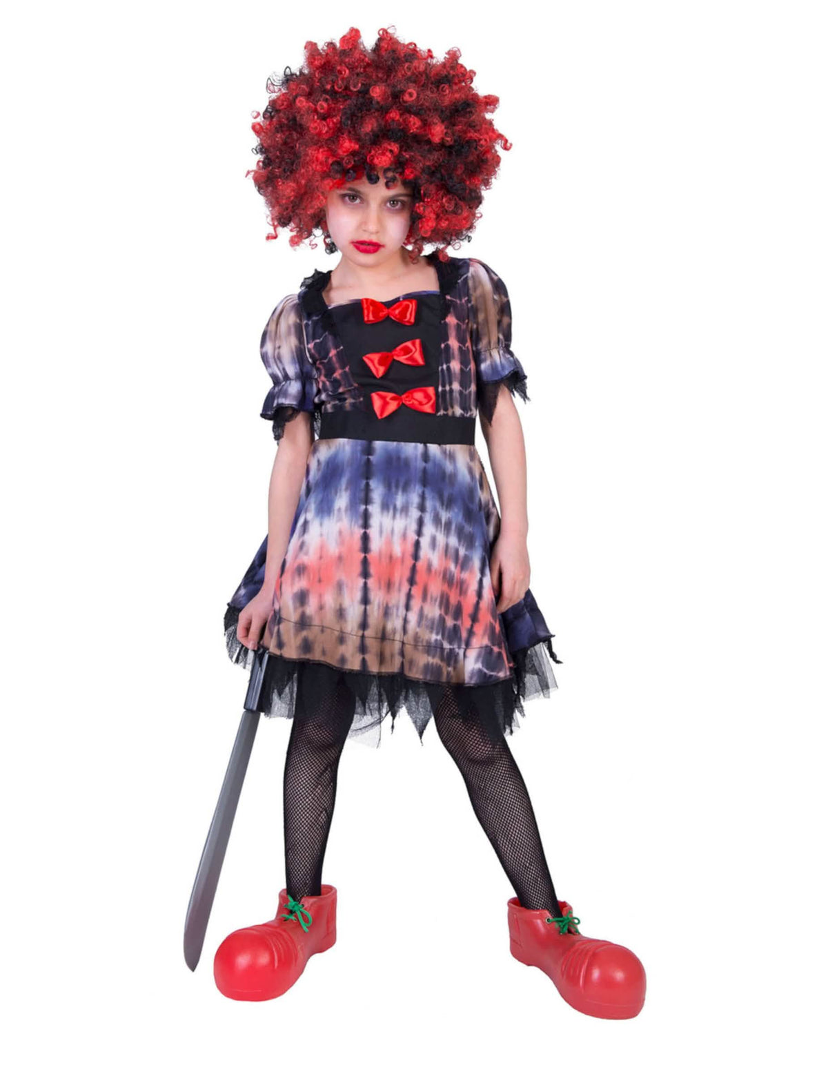 Disfraz de payaso aterrador para niña multicolor con peluca rojo y negro