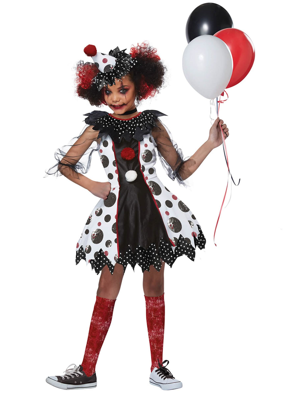 Disfraz de payaso aterrador de lujo para niña blanco y negro con detalles rojos
