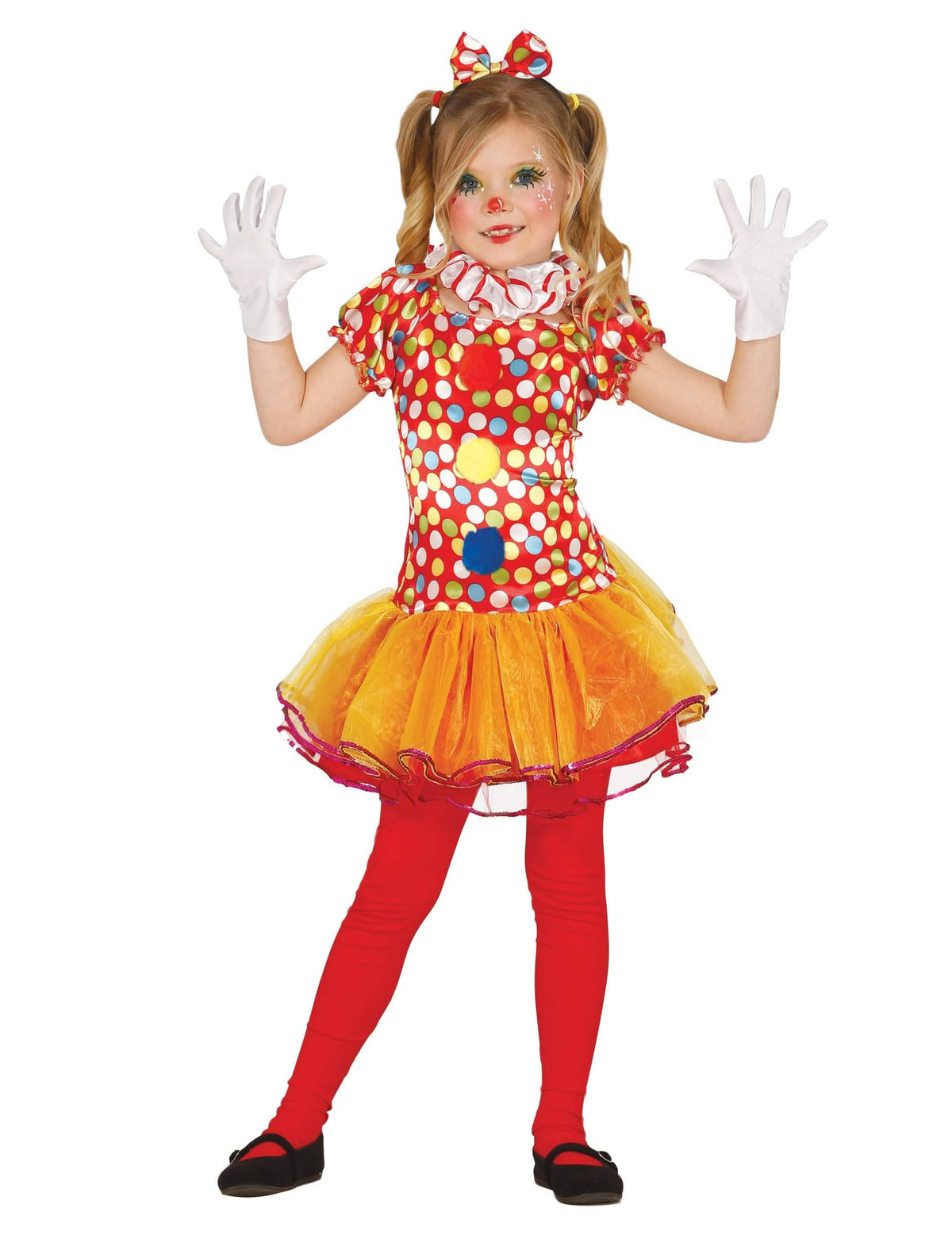 Disfraz de payaso multicolor con tutú para niña rojo a lunares y enagua naranja