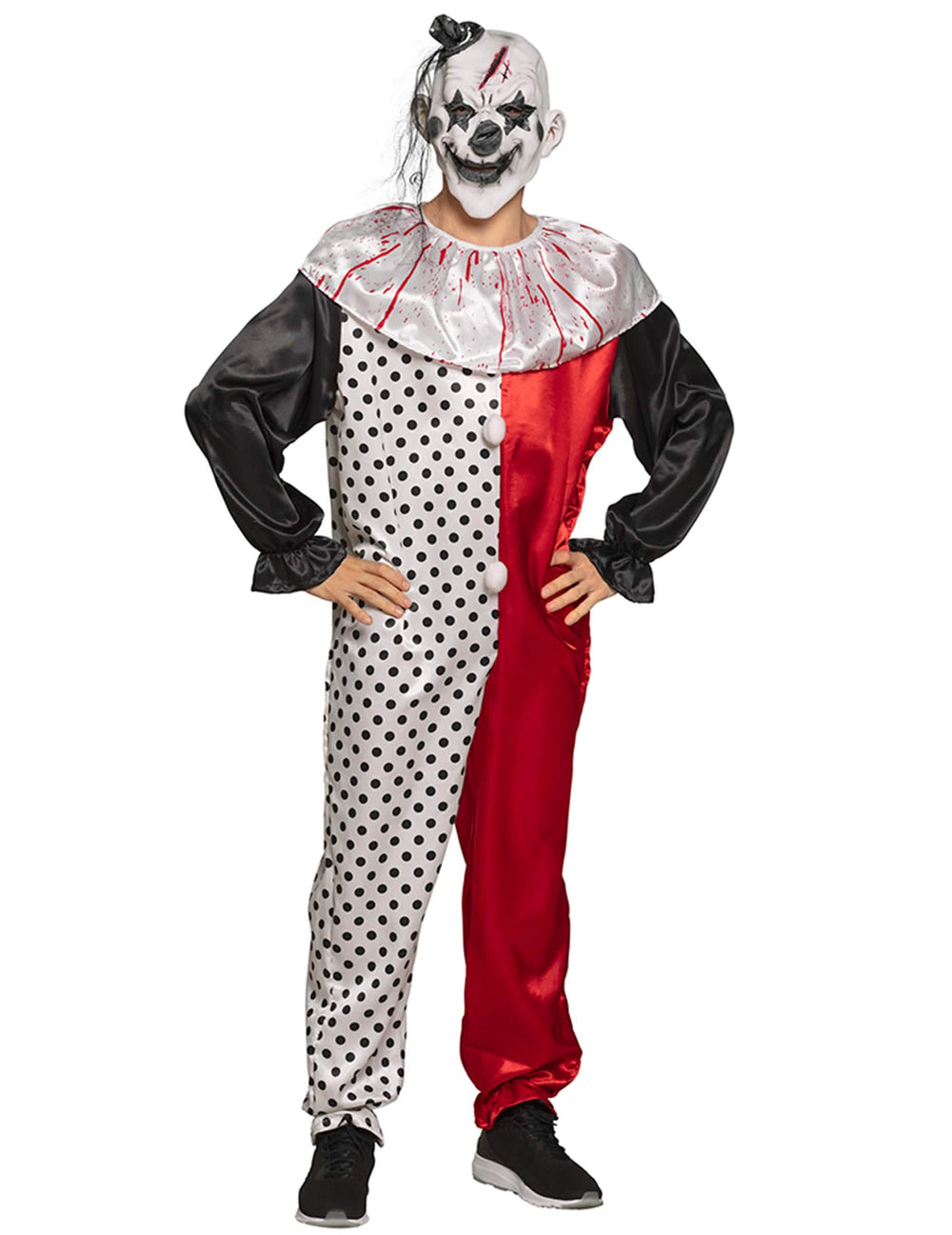 Disfraz de payaso psicópata para adulto rojo, blanco y negro a lunares con máscara ensangrentada